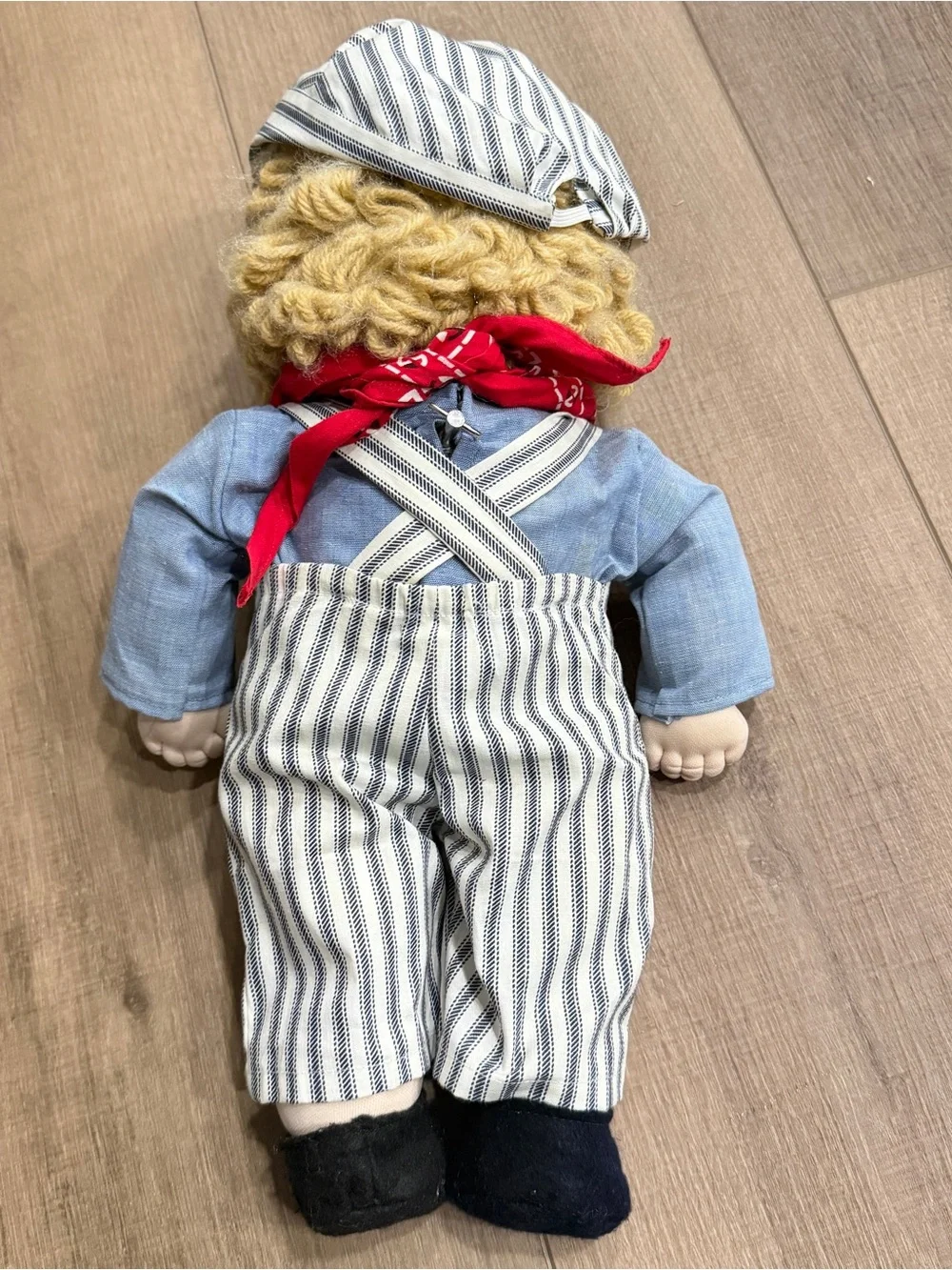 Vintage Cabbage Patch Boy Doll Blonde Curly Hair Blue Eyes Overalls Music Box